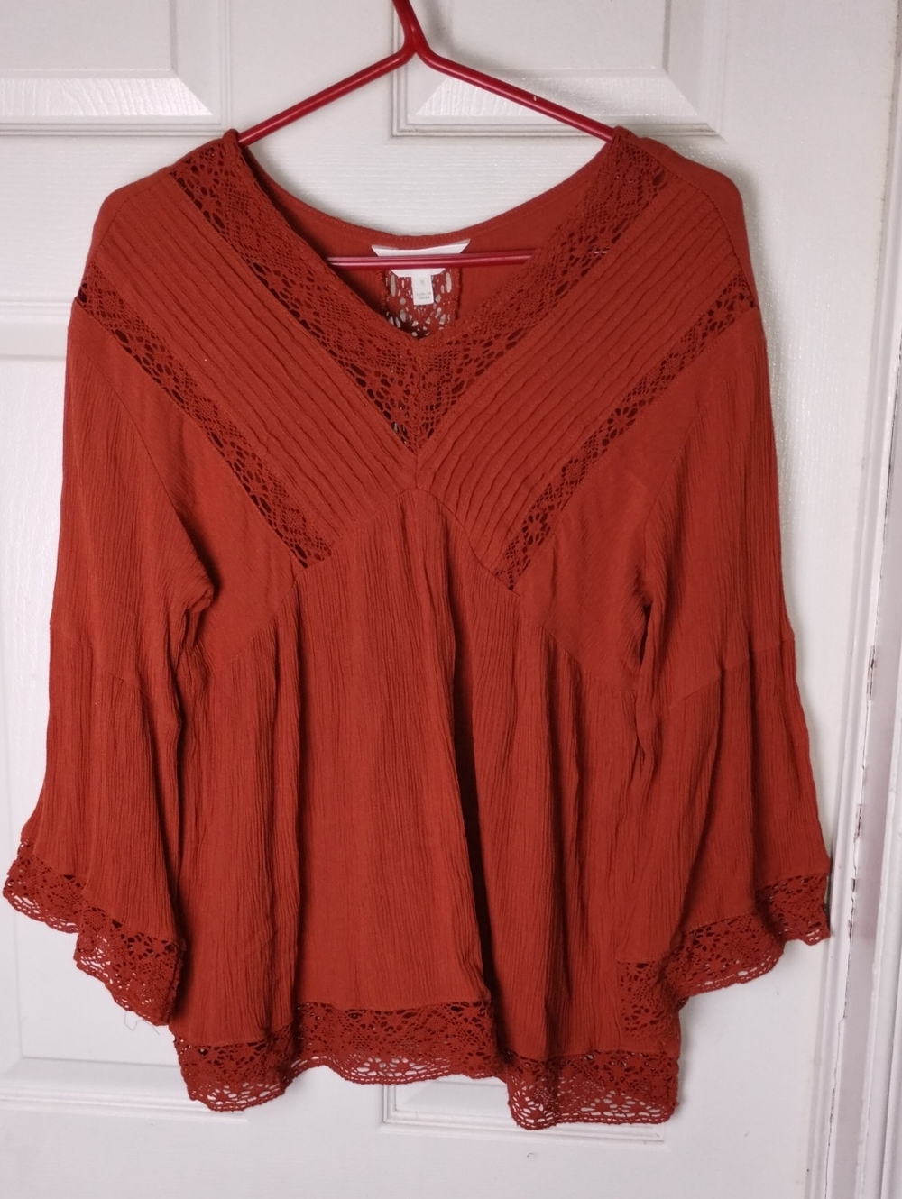 Boho Lace Crochet Trim Peasant Blouse – Rust Orange / Terracotta. Size Med